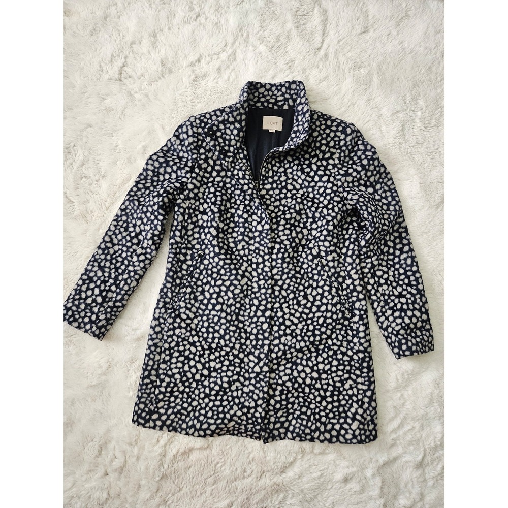 LOFT Ann Taylor Women Medium Blue Spotted Funnel Neck Coat Wool Blend Zip Snap M